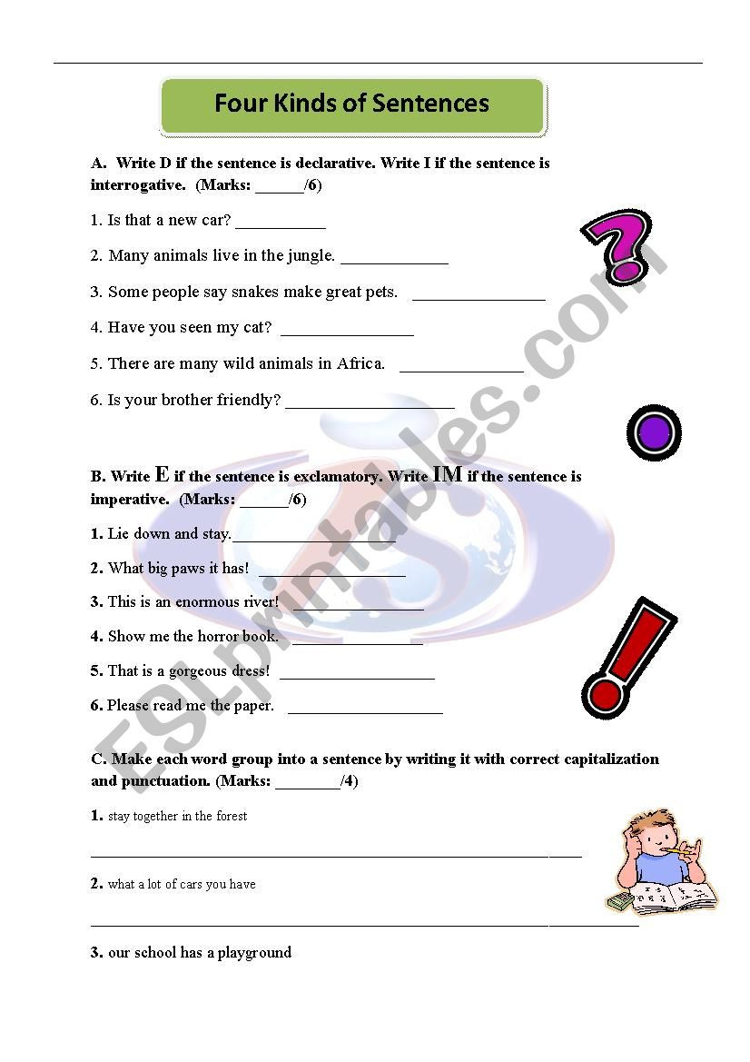 Four Types Of Sentences Worksheet Grammar Test Four Kinds Of Sentences Esl Worksheet by
