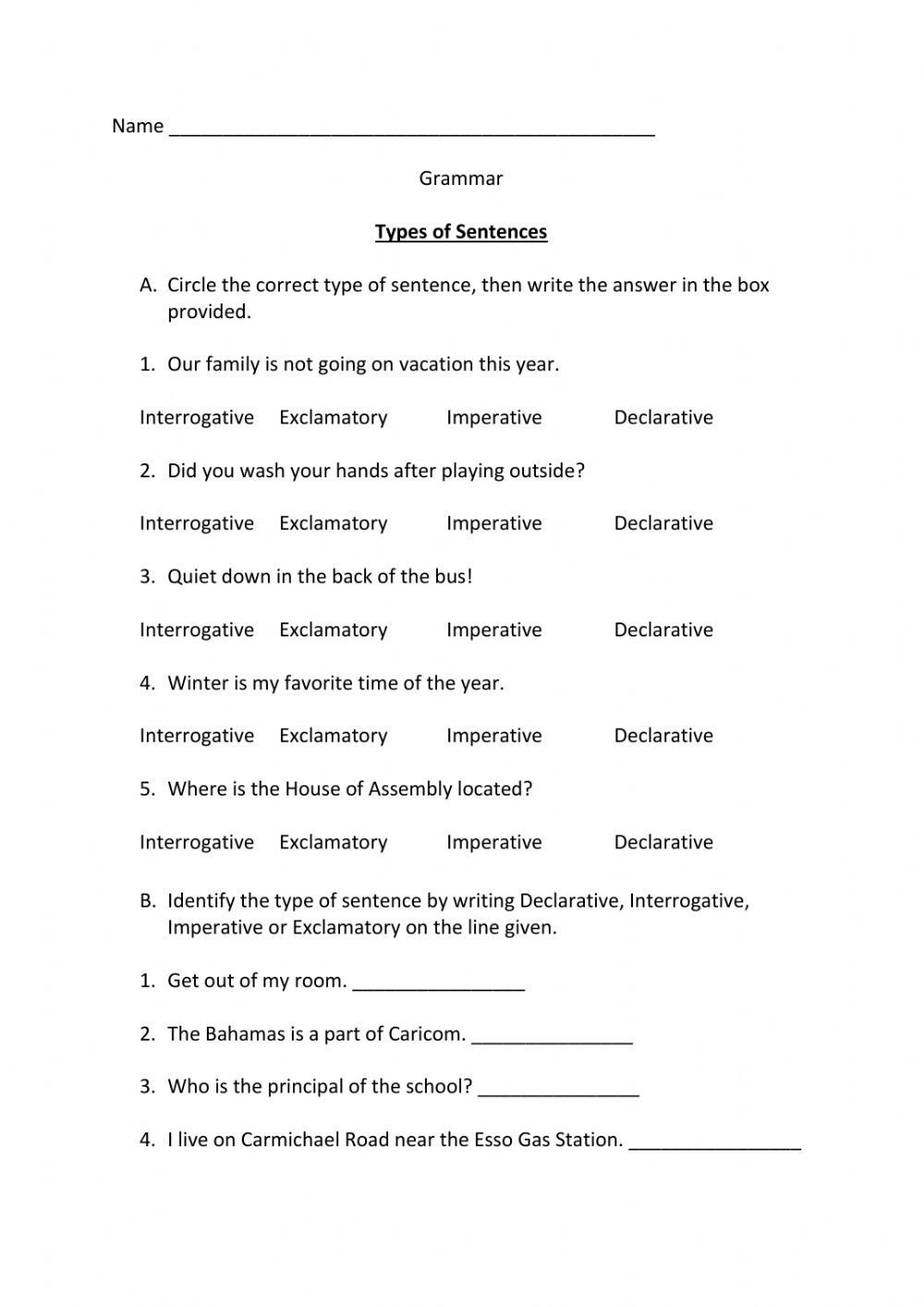 Four Types Of Sentences Worksheet Type Of Sentences Interactive Worksheet