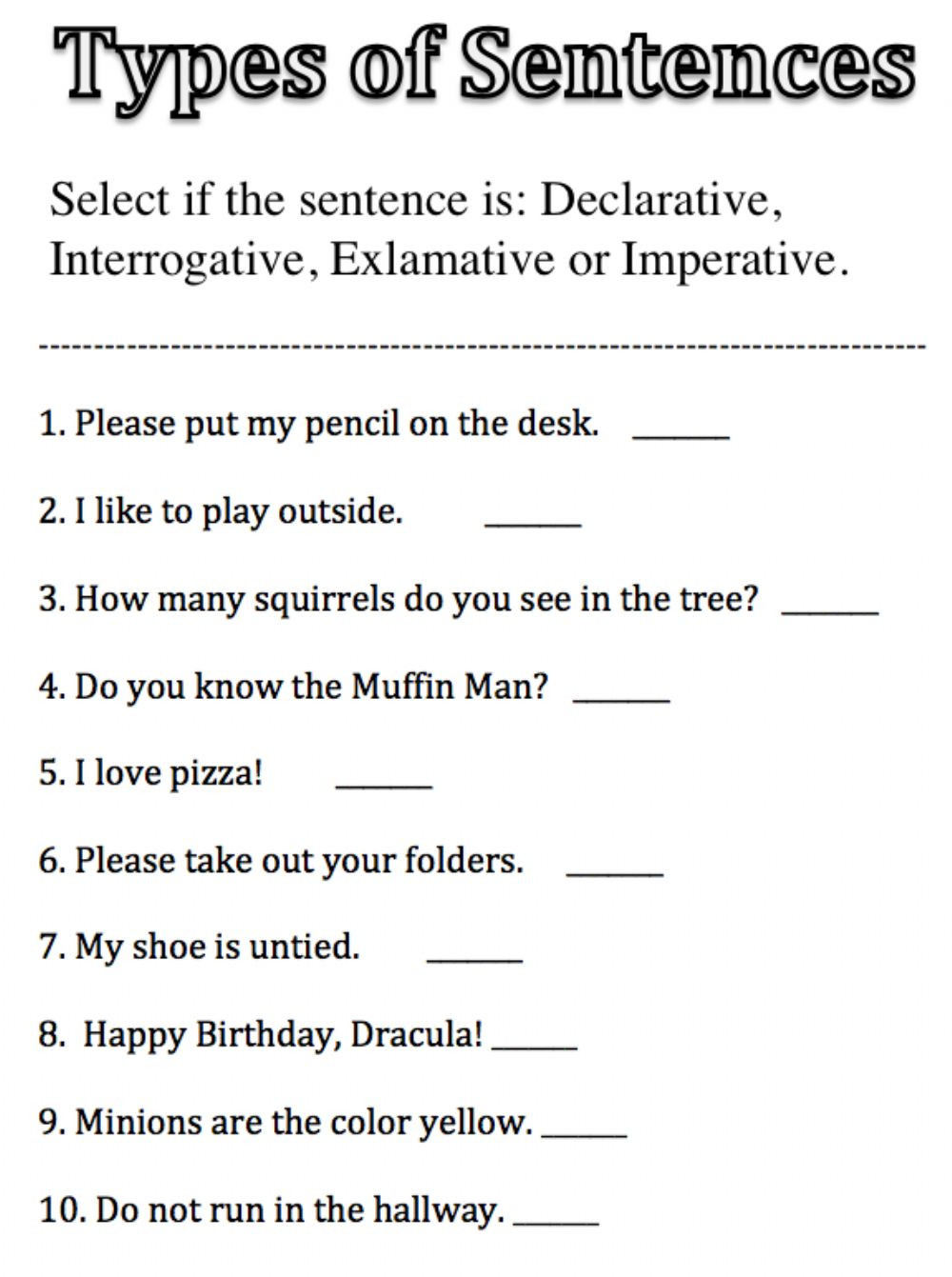 Four Types Of Sentences Worksheet Type Of Sentences Interactive Worksheet