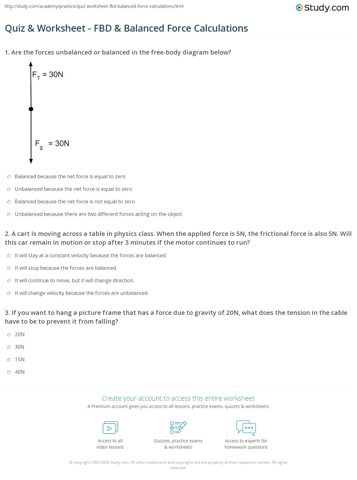 Free Body Diagram Worksheet Answers Quiz &amp; Worksheet Fbd &amp; Balanced force Calculations