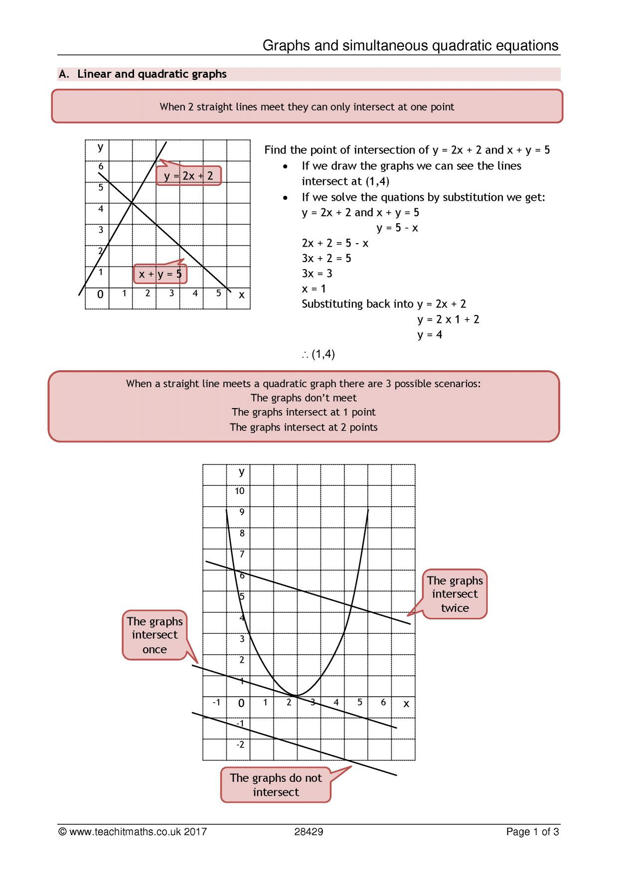From Linear to Quadratic Worksheet Graphs and Simultaneous Linear and Quadratic Equations