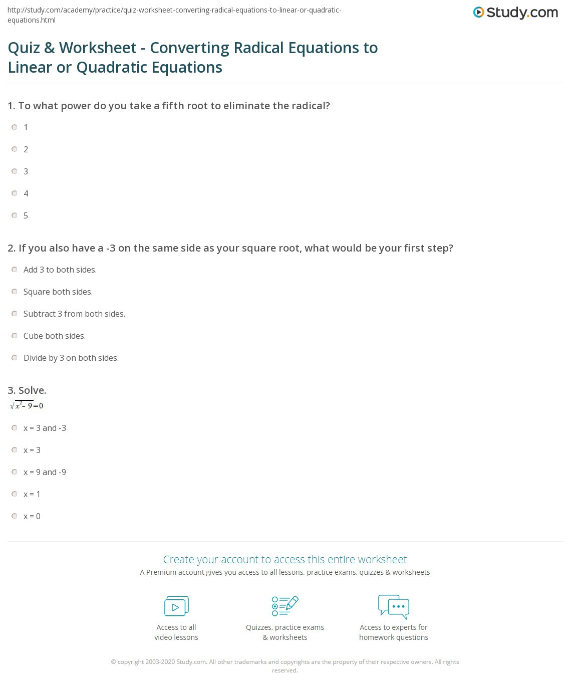 From Linear to Quadratic Worksheet Quiz &amp; Worksheet Converting Radical Equations to Linear or