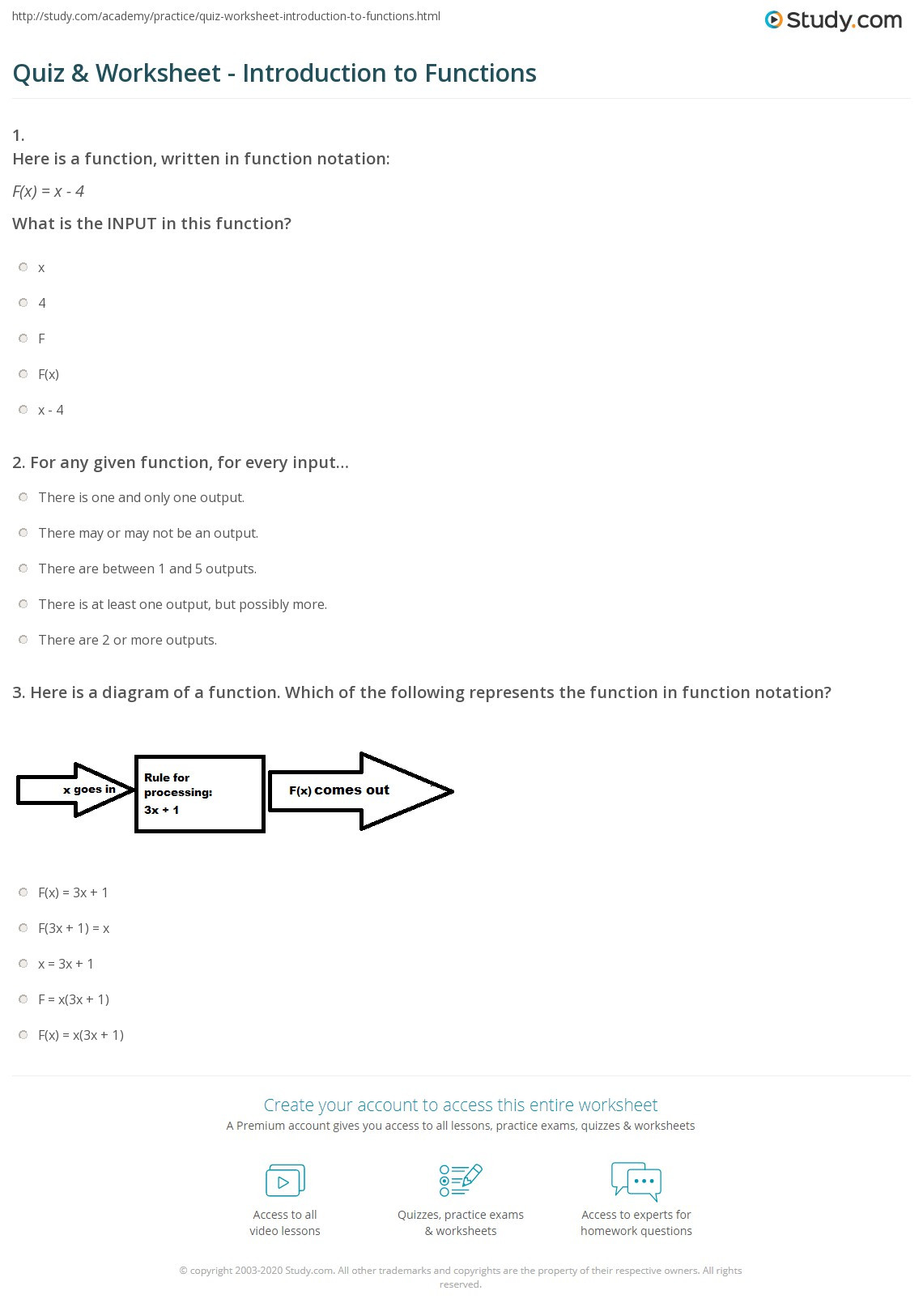 Function Notation Worksheet Answers Quiz &amp; Worksheet Introduction to Functions