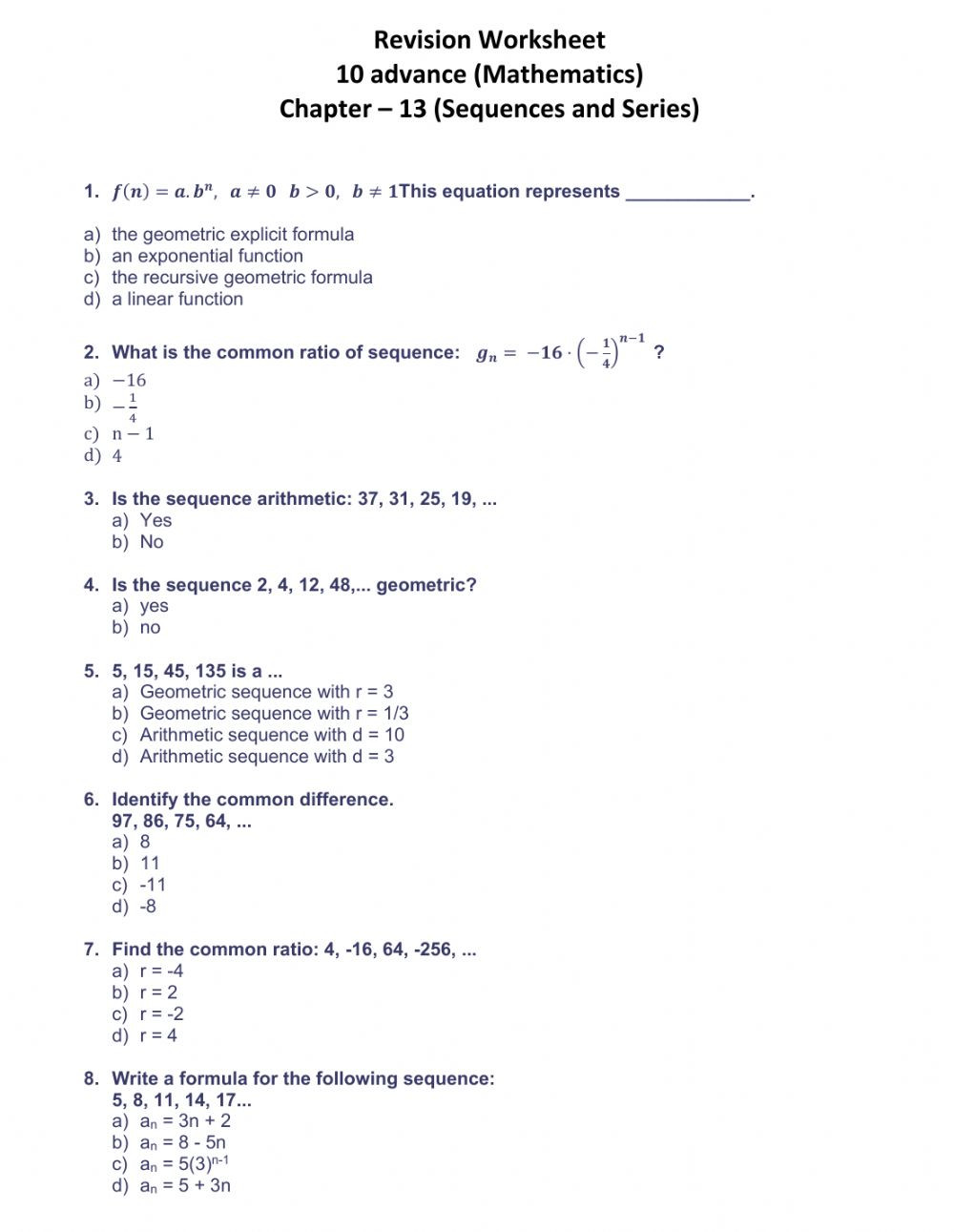Geometric and Arithmetic Sequence Worksheet Sequences and Series Ch 13 10a Interactive Worksheet