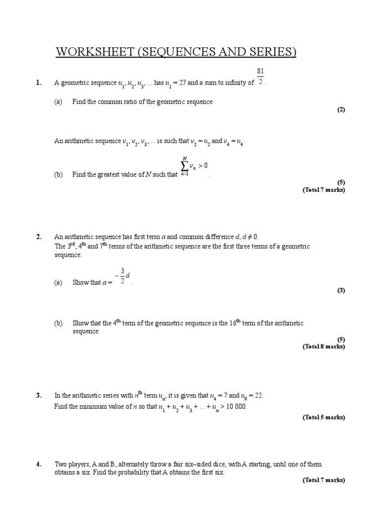 Geometric and Arithmetic Sequence Worksheet Sequences and Series Summation