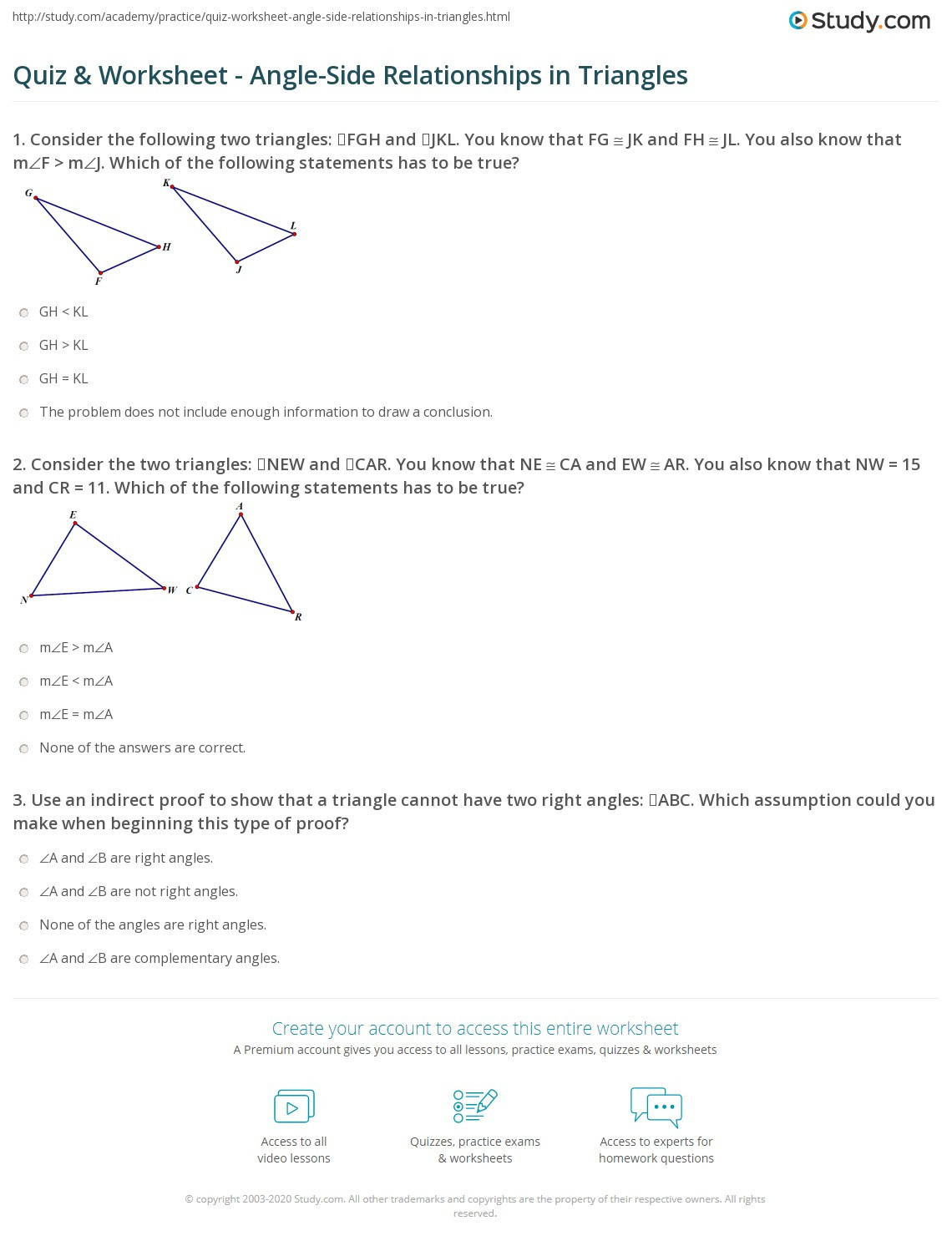 Geometry Worksheet Beginning Proofs Quiz &amp; Worksheet Angle Side Relationships In Triangles
