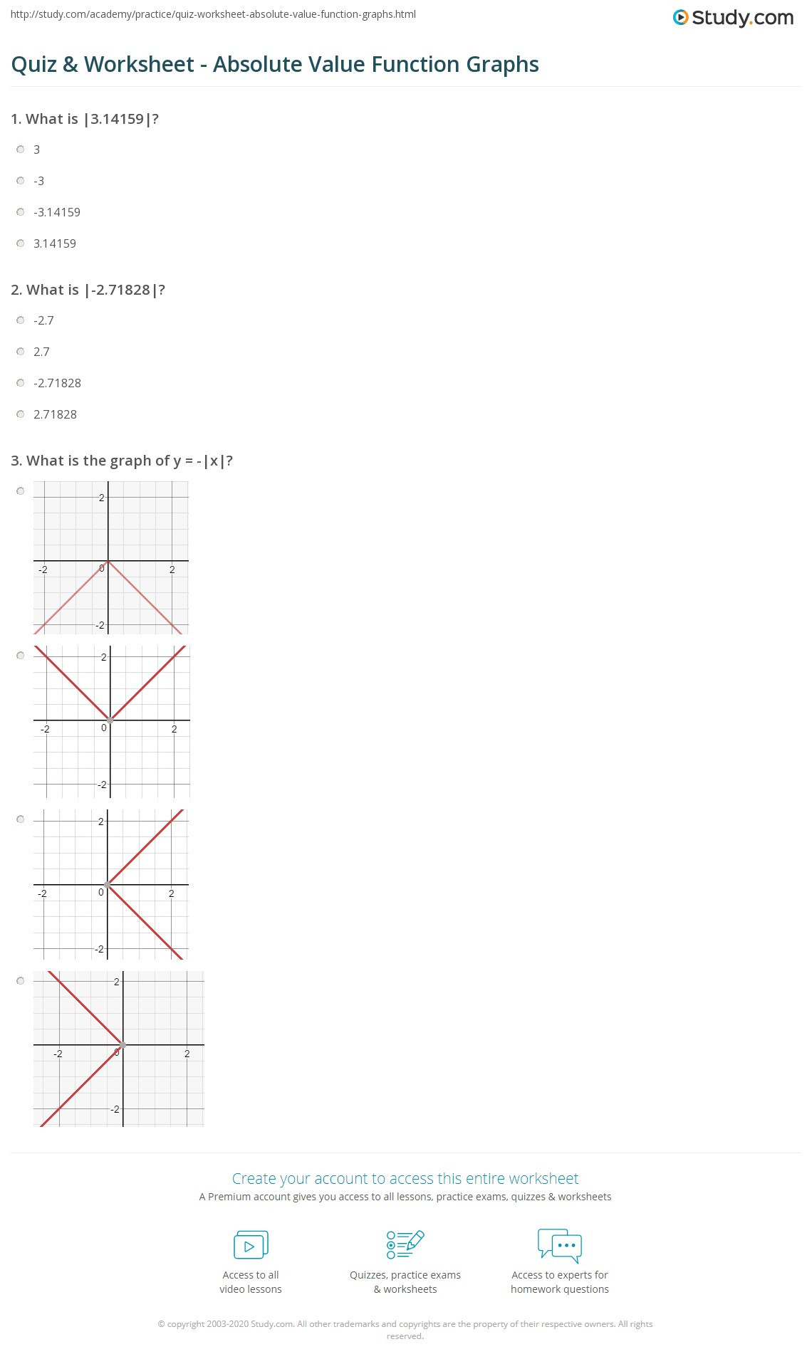 quiz worksheet absolute value function graphs