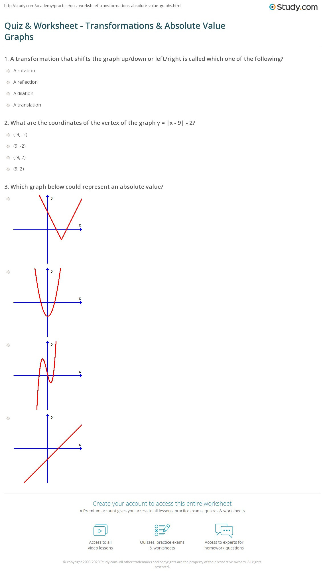 Graphing Absolute Value Functions Worksheet Quiz &amp; Worksheet Transformations &amp; Absolute Value Graphs