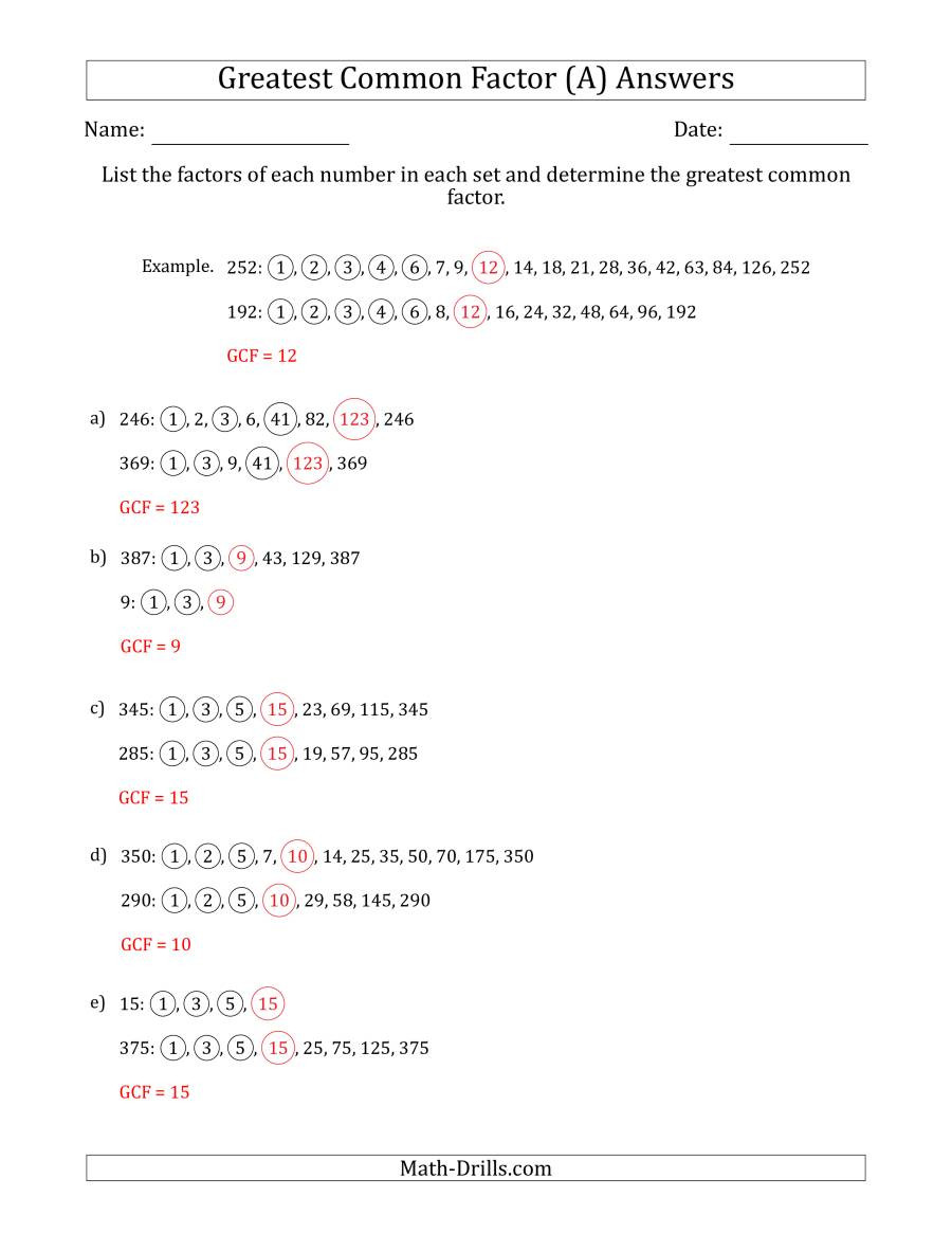 Greatest Common Factor Worksheet Determining Greatest Mon Factors Of Sets Of Two Numbers