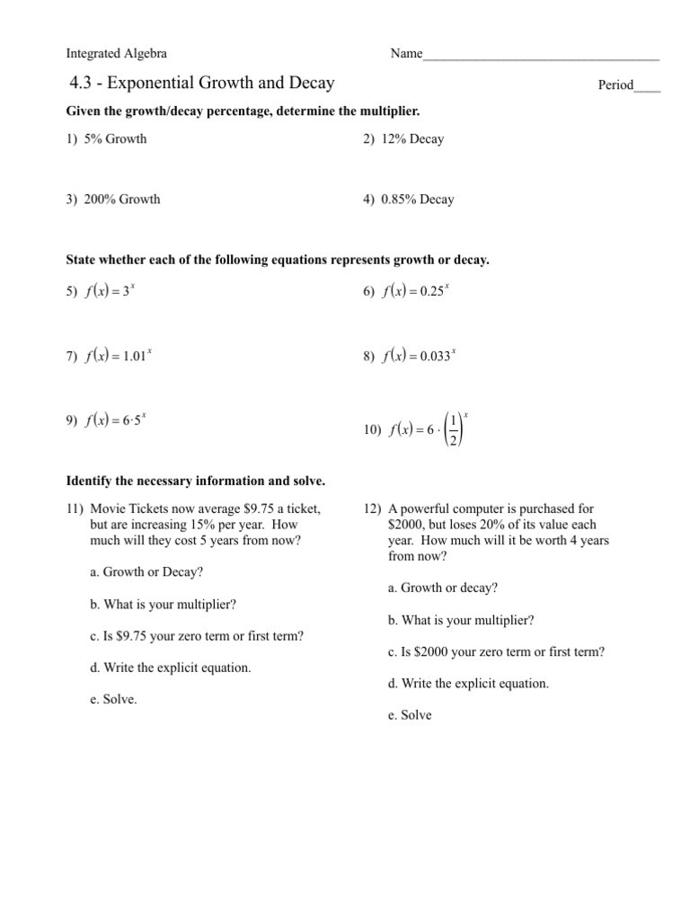Growth and Decay Worksheet 4 3 Exponential Growth and Decay