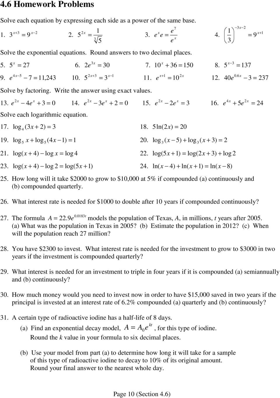 Growth and Decay Worksheet 4 6 Exponential and Logarithmic Equations Part I Pdf