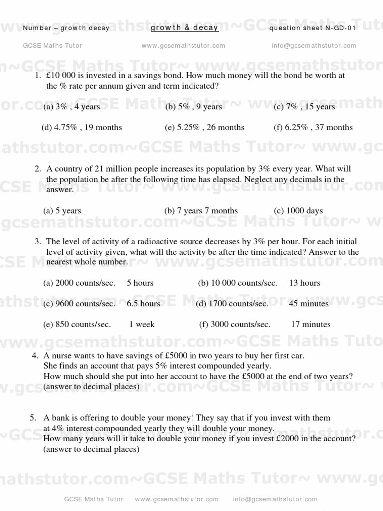 Growth and Decay Worksheet Growth &amp; Decay Worksheet 01 Number From Gcse Maths Tutor