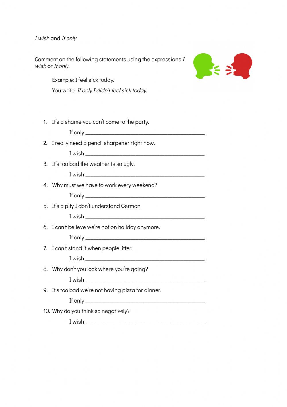 I Feel Statements Worksheet I Wish and if Only Interactive Worksheet