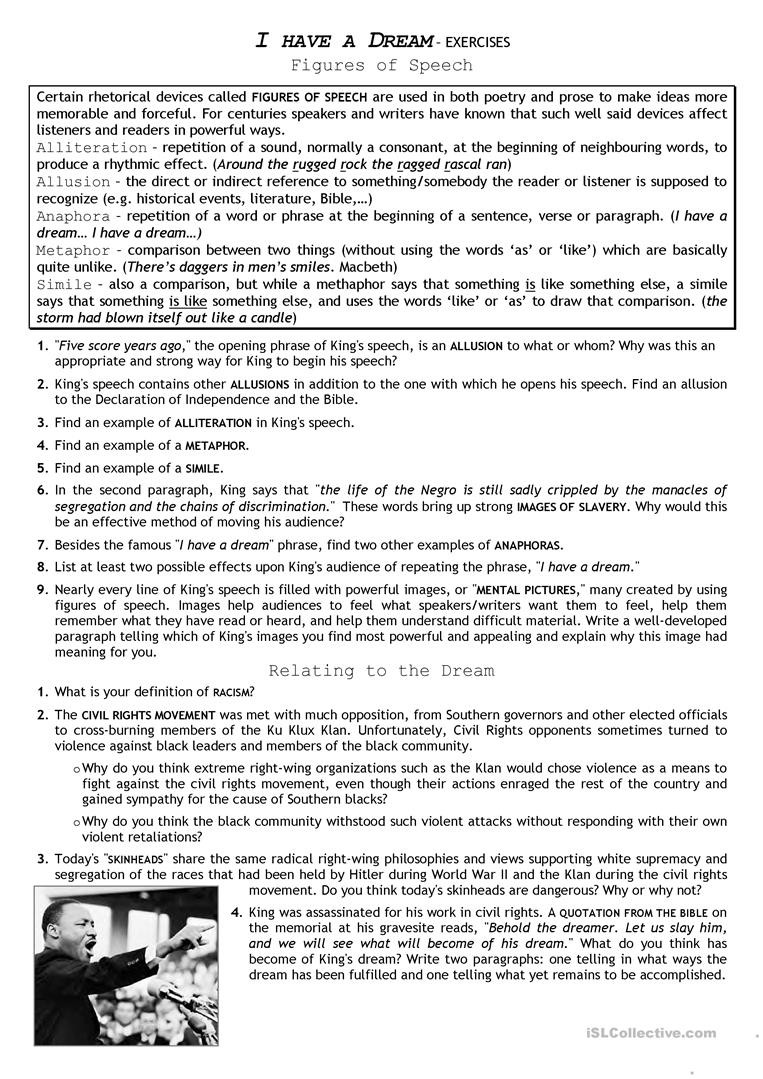 I Have Rights Worksheet Civil Rights Movement I Have A Dream English Esl