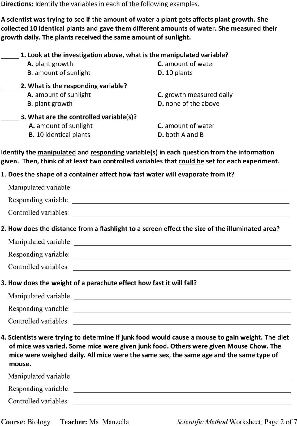 Identifying Variables Worksheet Answers Classwork Scientific Method Practice Variables Hypothesis