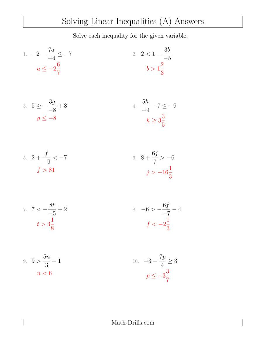 Inequalities Worksheet with Answers solving Linear Inequalities Including A Third Term