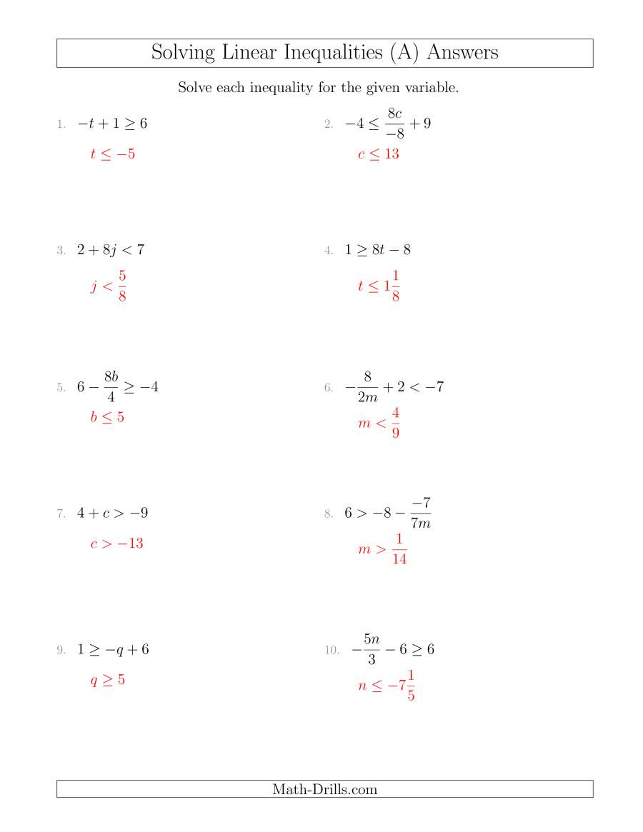 Inequalities Worksheet with Answers solving Linear Inequalities Mixed Questions A