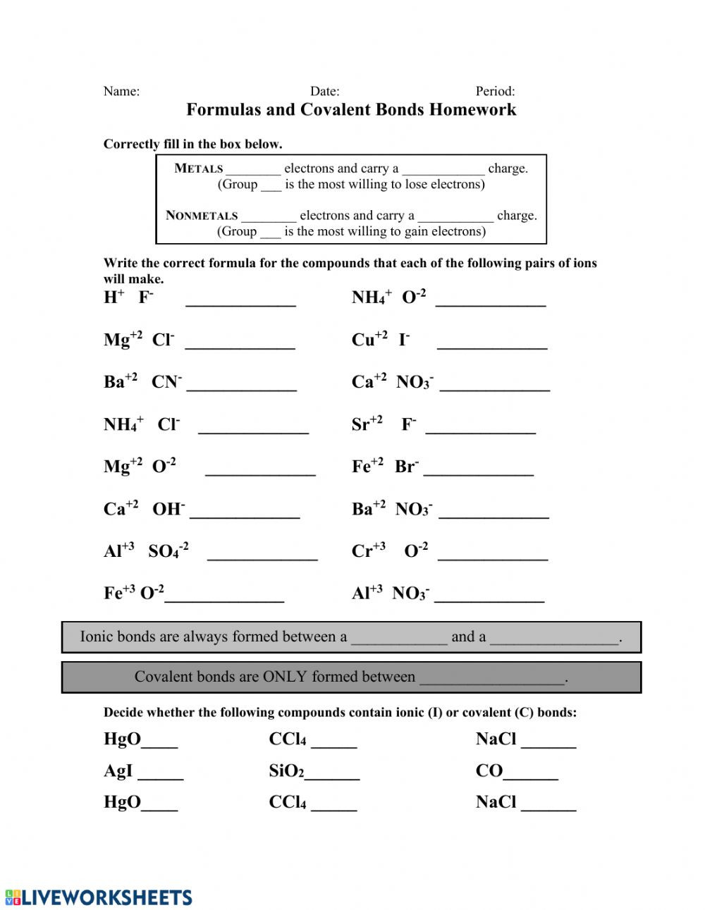 Ionic and Covalent Bonds Worksheet formulas and Covalent Bonds Interactive Worksheet
