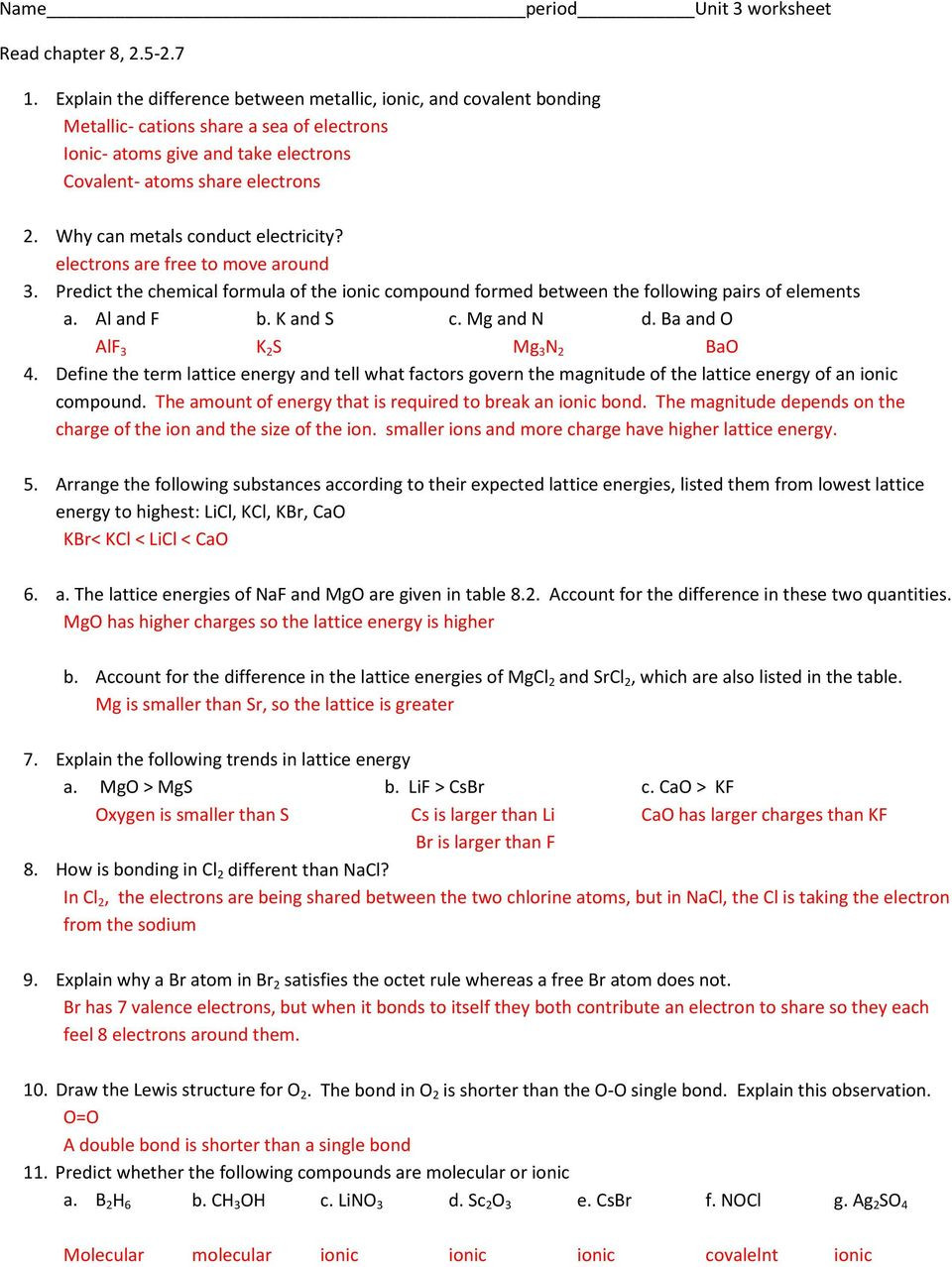 Ionic and Covalent Bonds Worksheet Name Period Unit 3 Worksheet Pdf Free Download