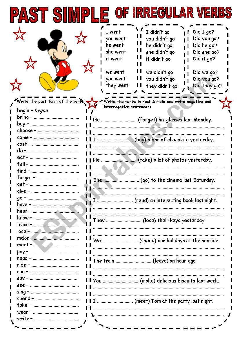 Irregular Verbs Worksheet Pdf Past Simple Of Irregular Verbs 1 2 Pages Esl Worksheet