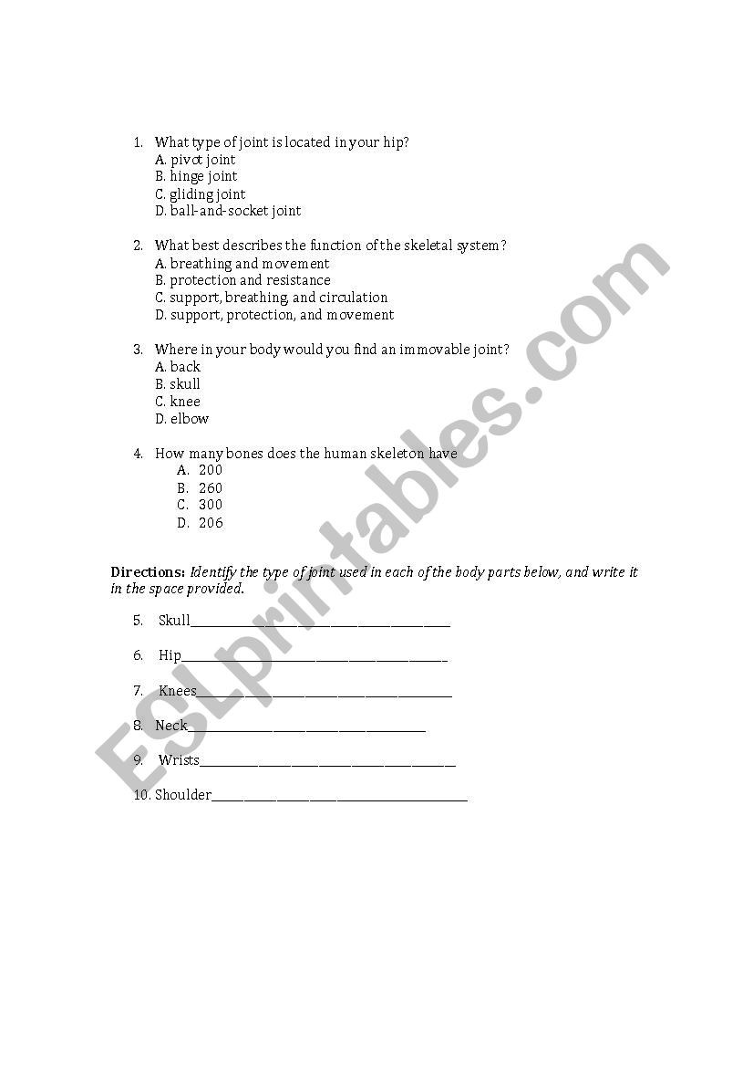 Joints and Movement Worksheet Bones and Joints Quiz 7th Grade Esl Worksheet by Mejia019