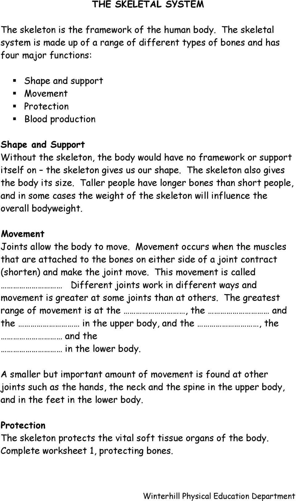 Joints and Movement Worksheet Skeleton and Joints G C S E Physical Education Unit 1