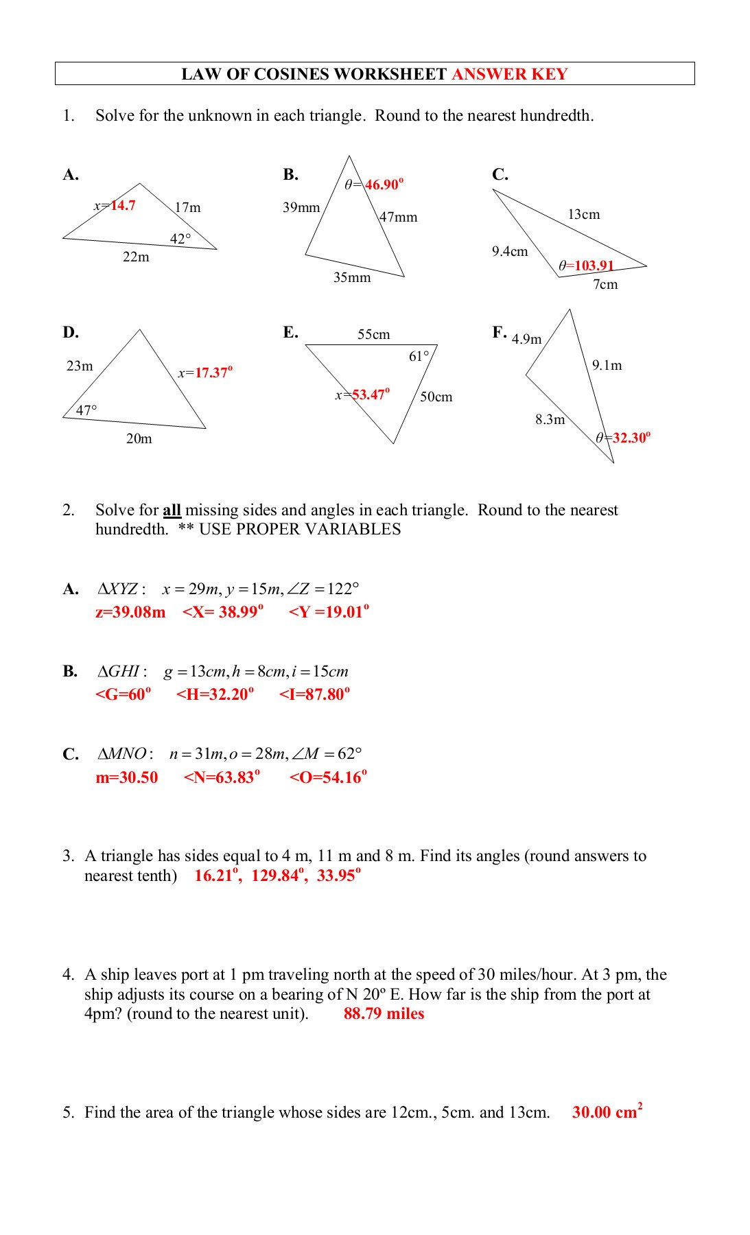 Law Of Cosines Worksheet Law Of Cosines Pages 1 2 Text Version