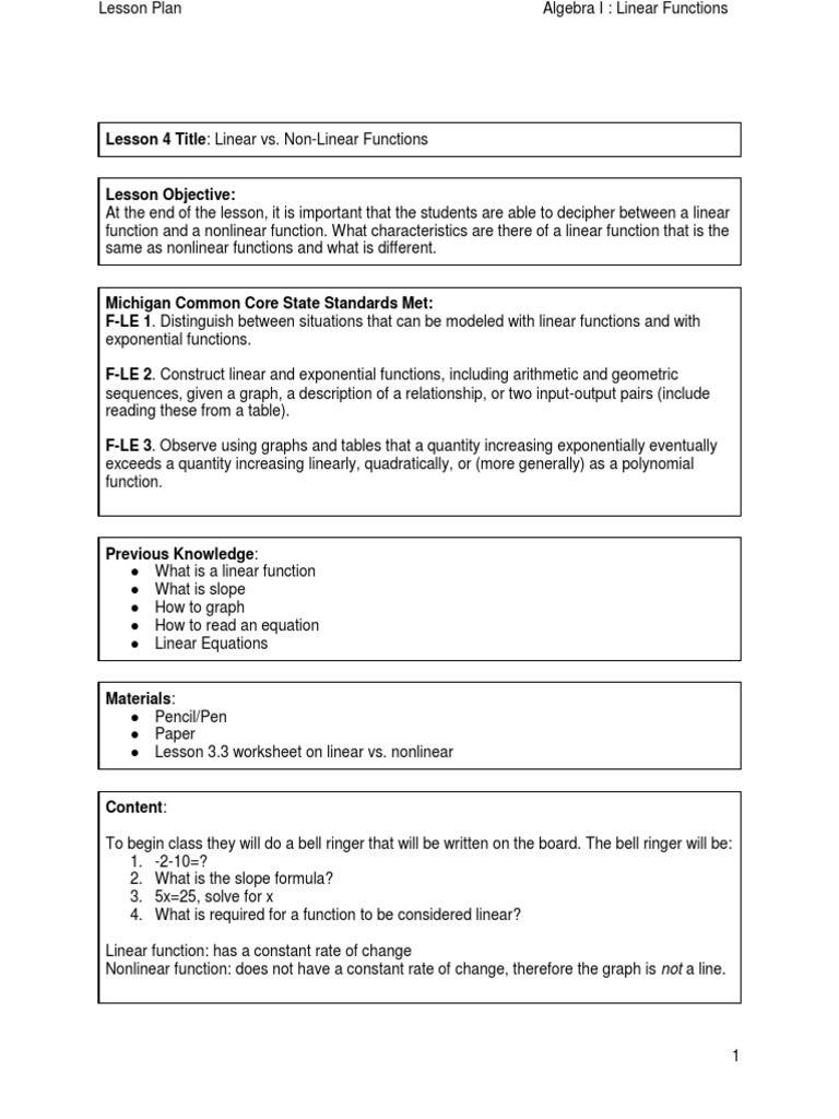 Linear and Nonlinear Functions Worksheet Lesson 4 Title Linear Vs Nonlinear System