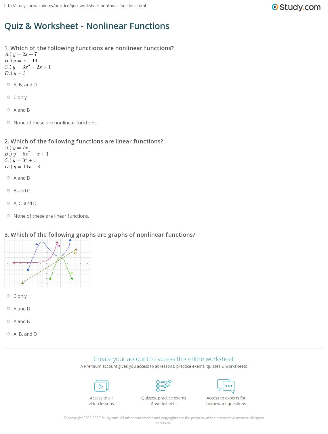 Linear and Nonlinear Functions Worksheet Quiz &amp; Worksheet Nonlinear Functions
