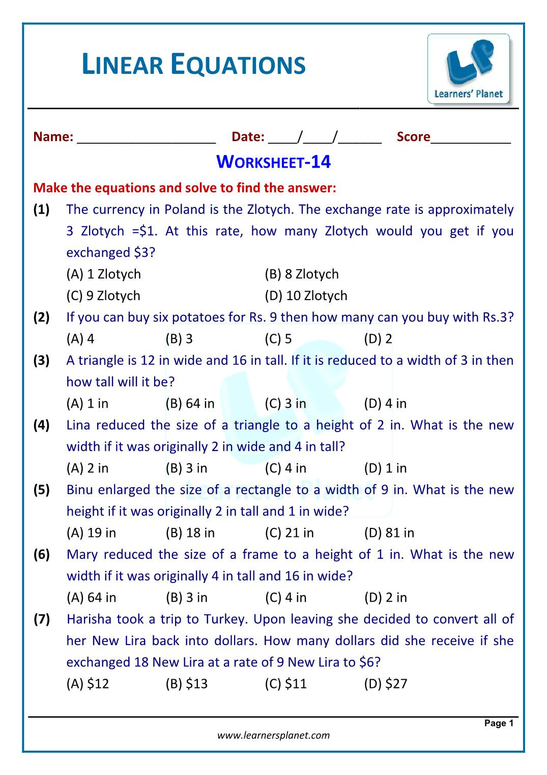 Linear Word Problems Worksheet Cbse Class Viii Mathematics Linear Equations Worksheets