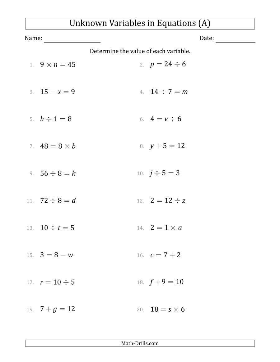 Literal Equations Worksheet Answer Key Unknown Variables In Equations All Operations Range 1 to