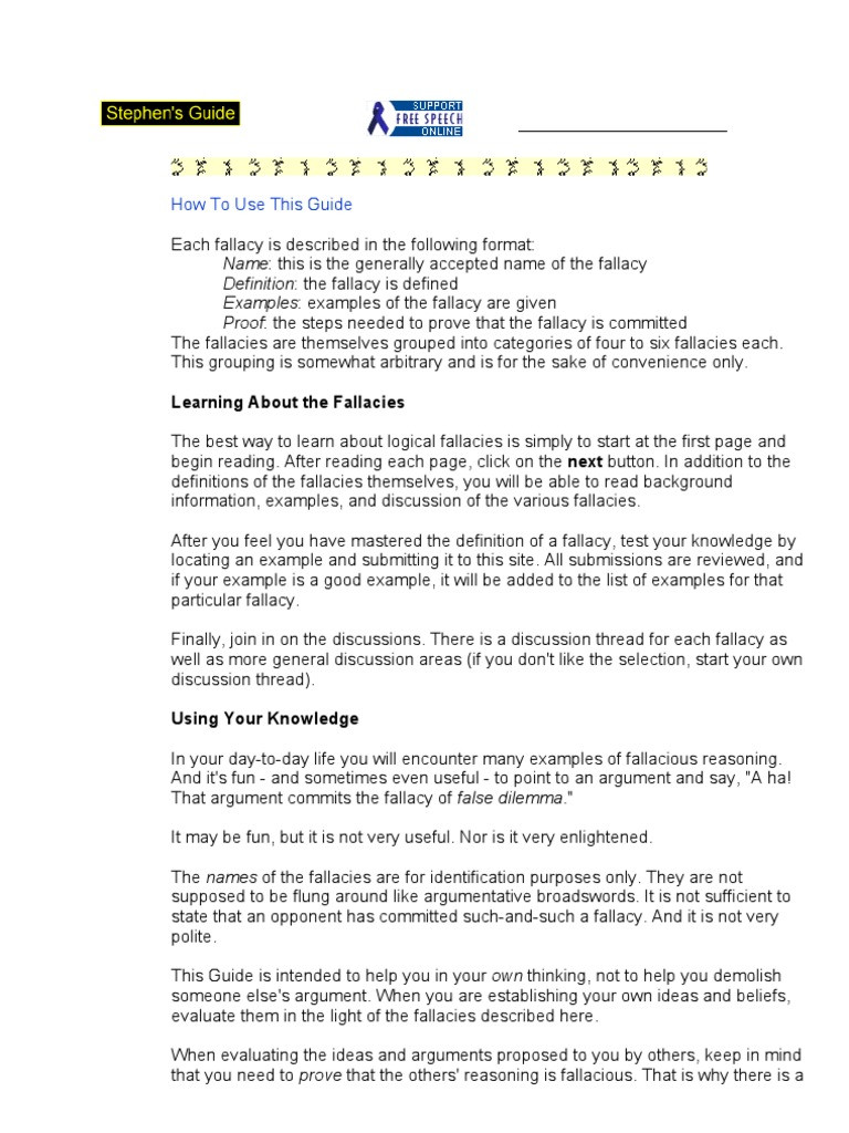 Logical Fallacies Worksheet with Answers Logical Fallacies Stephen Downer S Guide