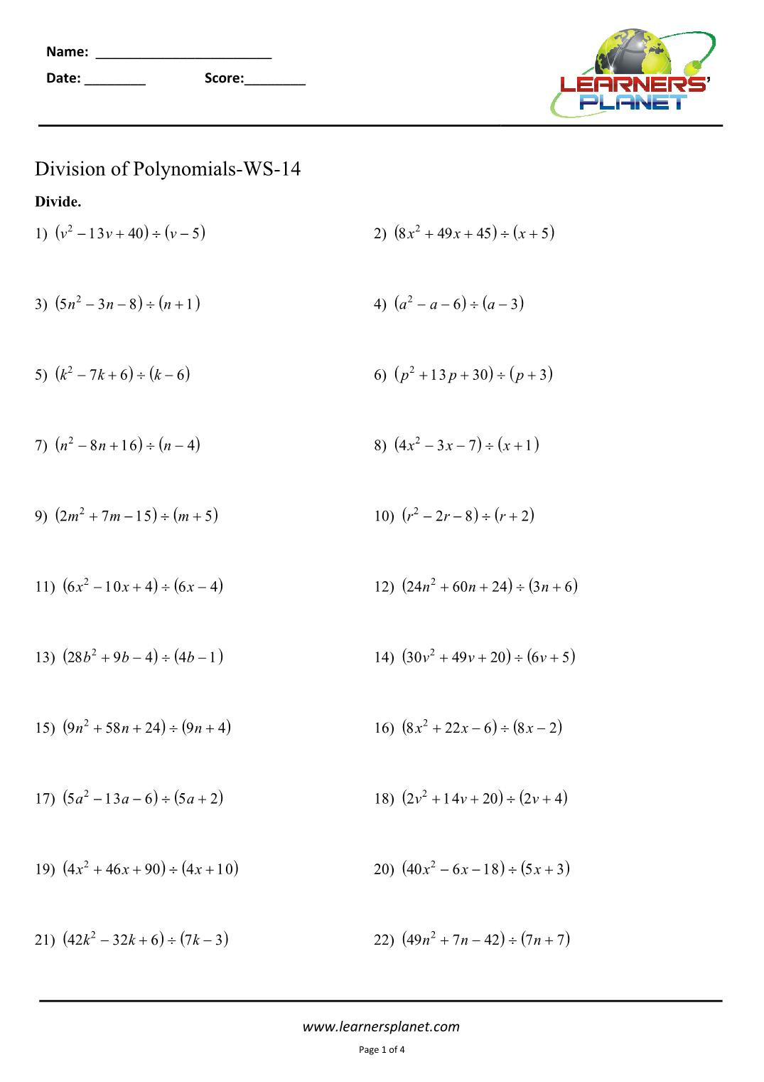Long Division Polynomials Worksheet Division Of Polynomials Class 8 Worksheets