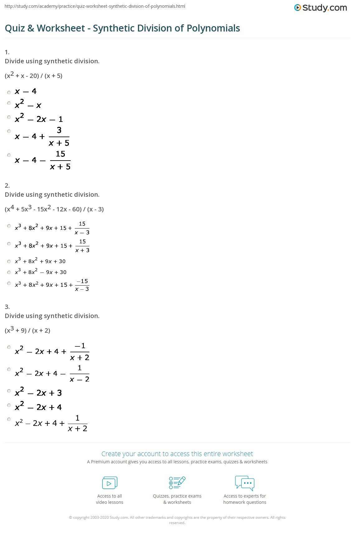 quiz worksheet synthetic division of polynomials study