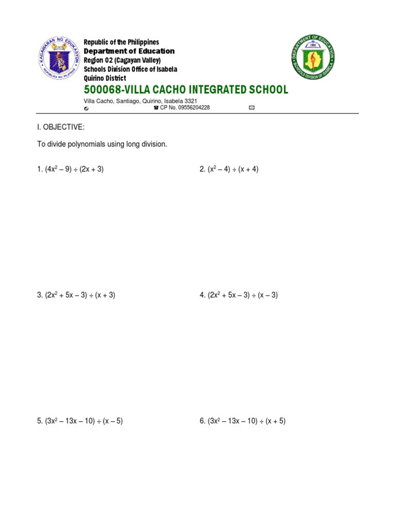 Long Division Polynomials Worksheet Villa Cacho Integrated School