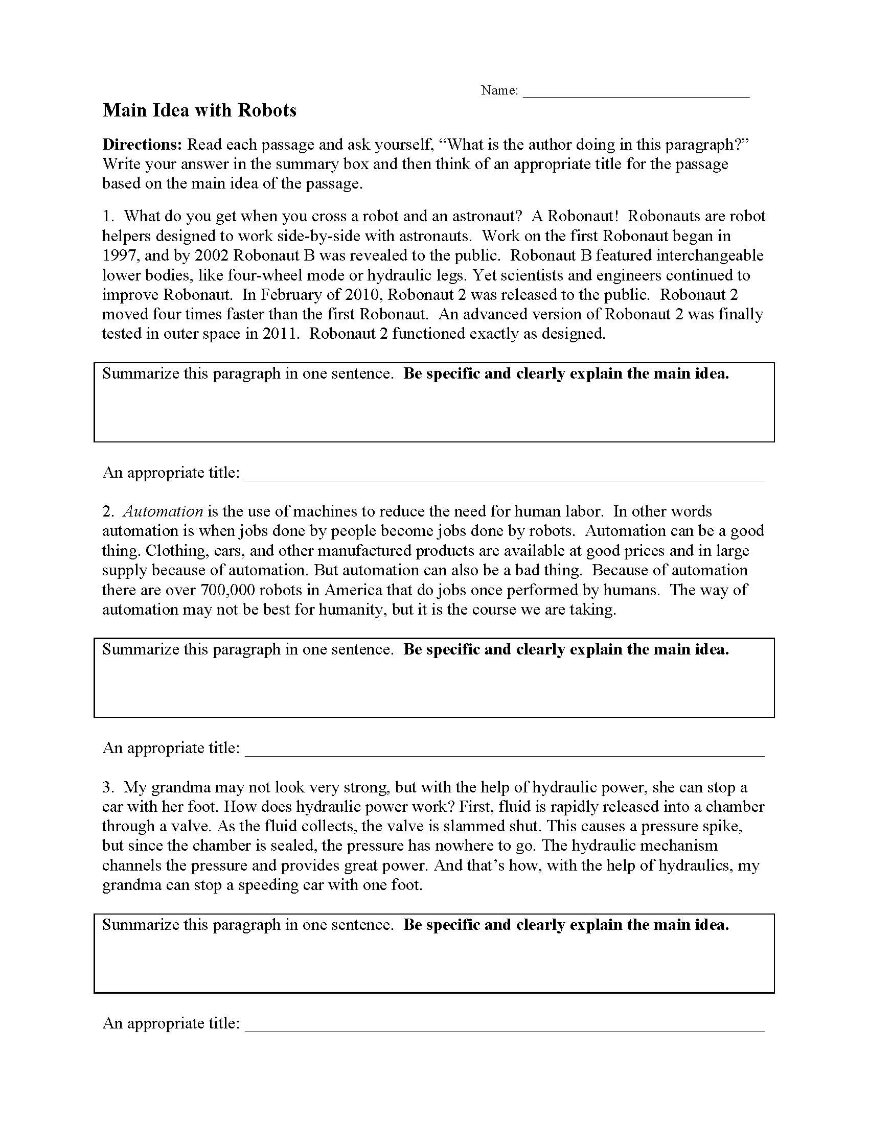 Main Idea Worksheet 4th Grade Main Idea Worksheets