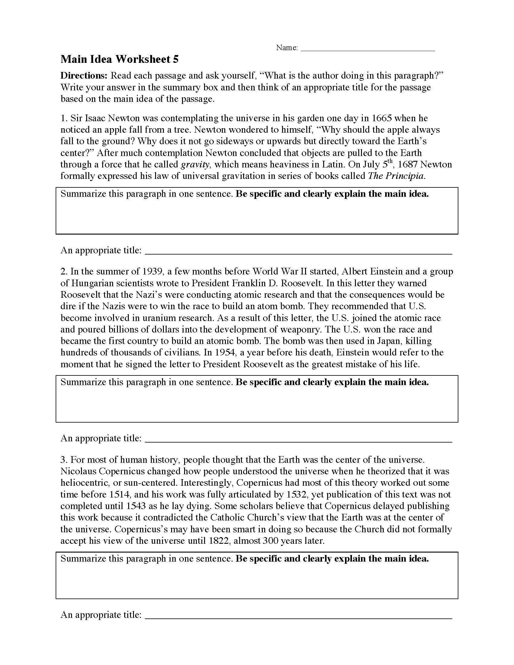 Main Idea Worksheet 4th Grade Main Idea Worksheets