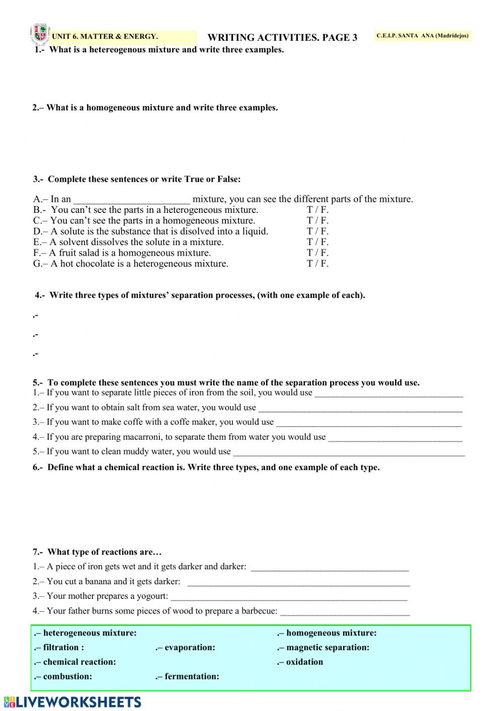 Matter and Energy Worksheet Matter &amp; Energy Page 3 Interactive Worksheet