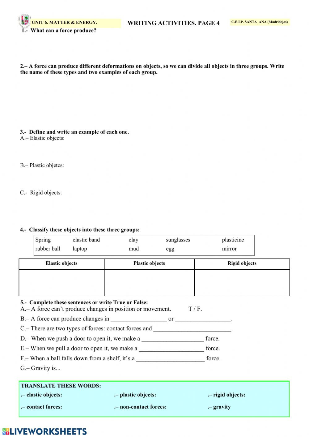 Matter and Energy Worksheet Matter &amp; Energy Page 4 Interactive Worksheet