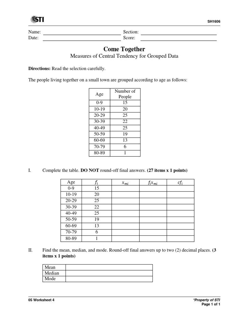 Measure Of Central Tendency Worksheet 05 Worksheet 4