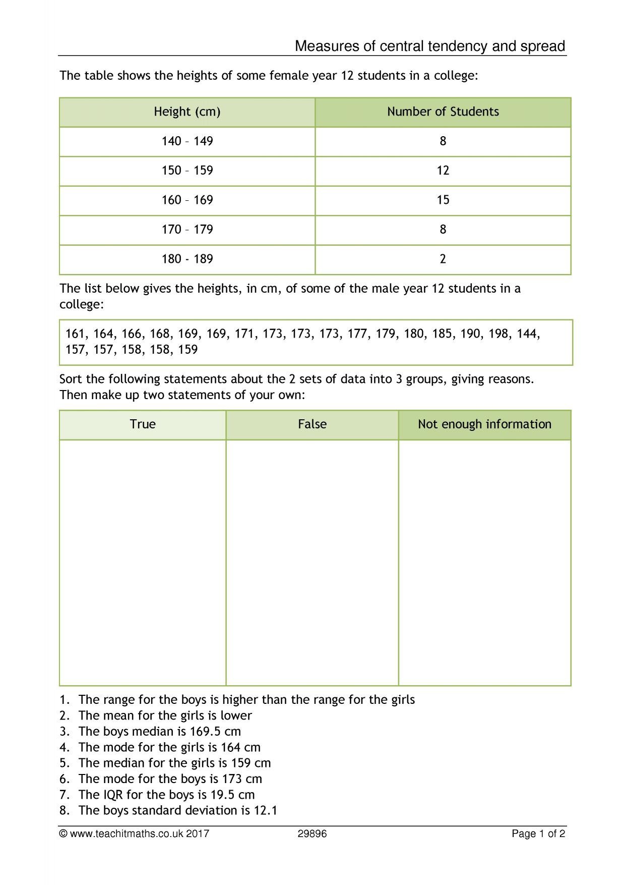 Measure Of Central Tendency Worksheet Ks4 Measures Of Central Tendency and Spread Exercise