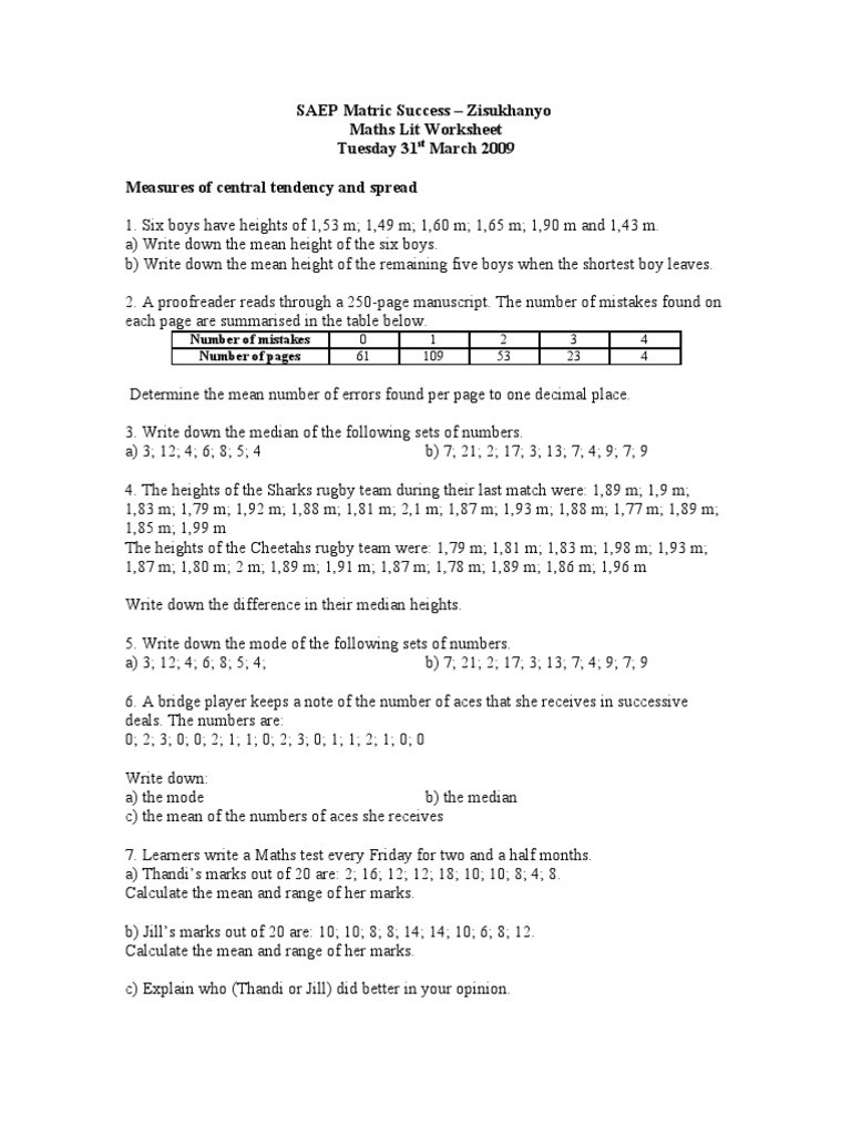 Measure Of Central Tendency Worksheet Maths Lit Worksheet Measures Of Central Tendency and