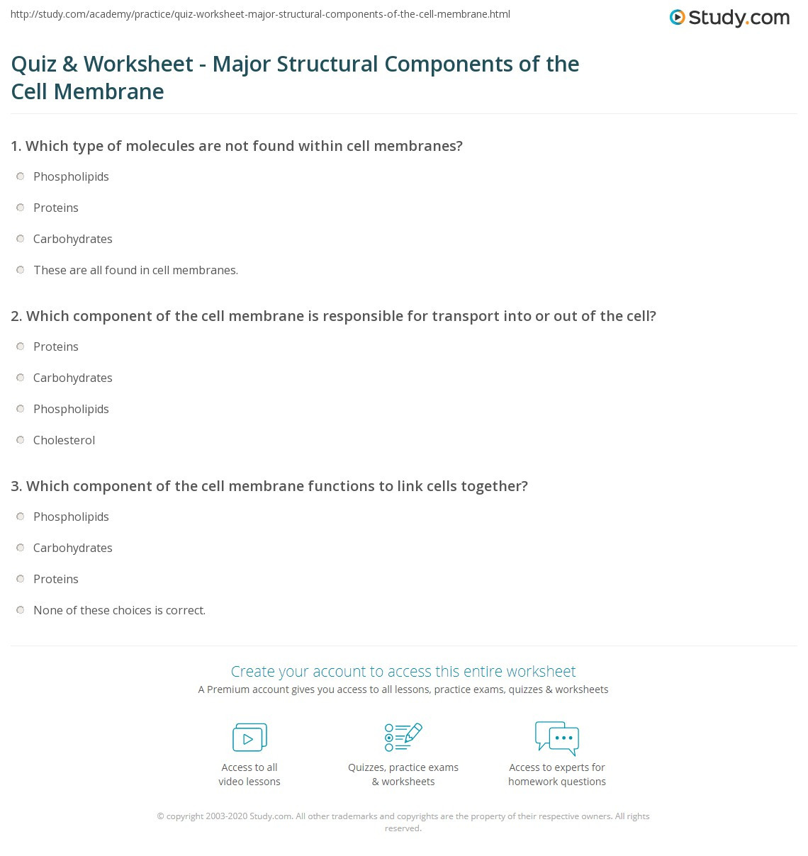 Membrane Structure and Function Worksheet Quiz &amp; Worksheet Major Structural Ponents Of the Cell
