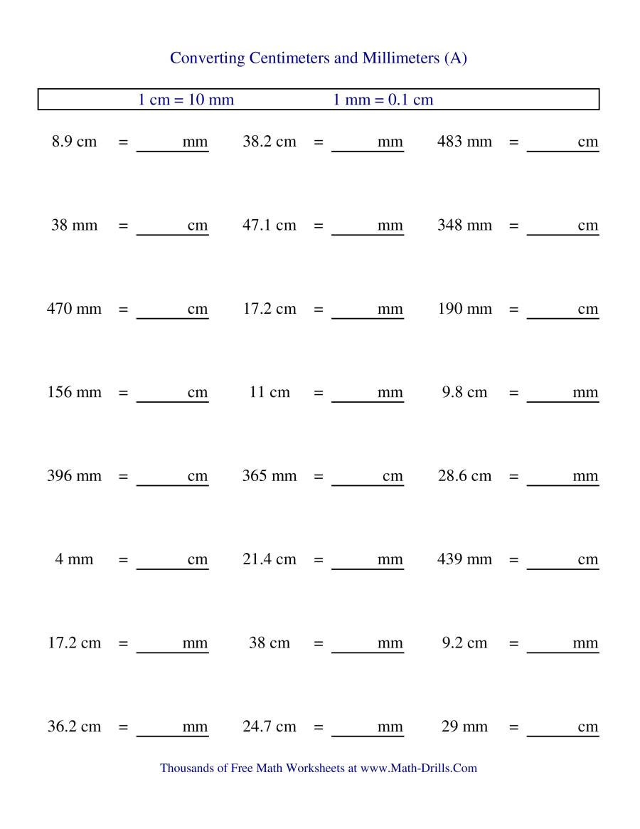 Metric Conversion Worksheet 1 Metric Conversion Of Centimeters and Millimeters A
