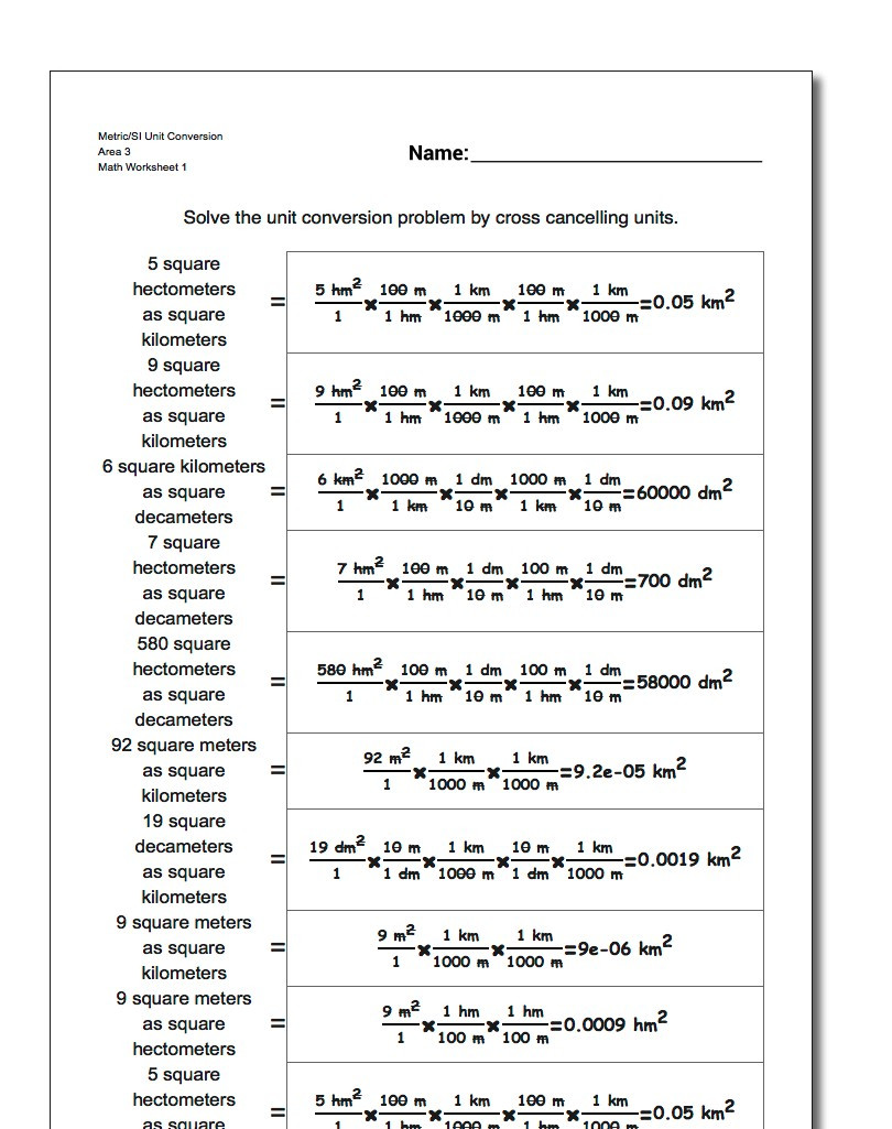 Metric Conversion Worksheet 1 Metric Si area