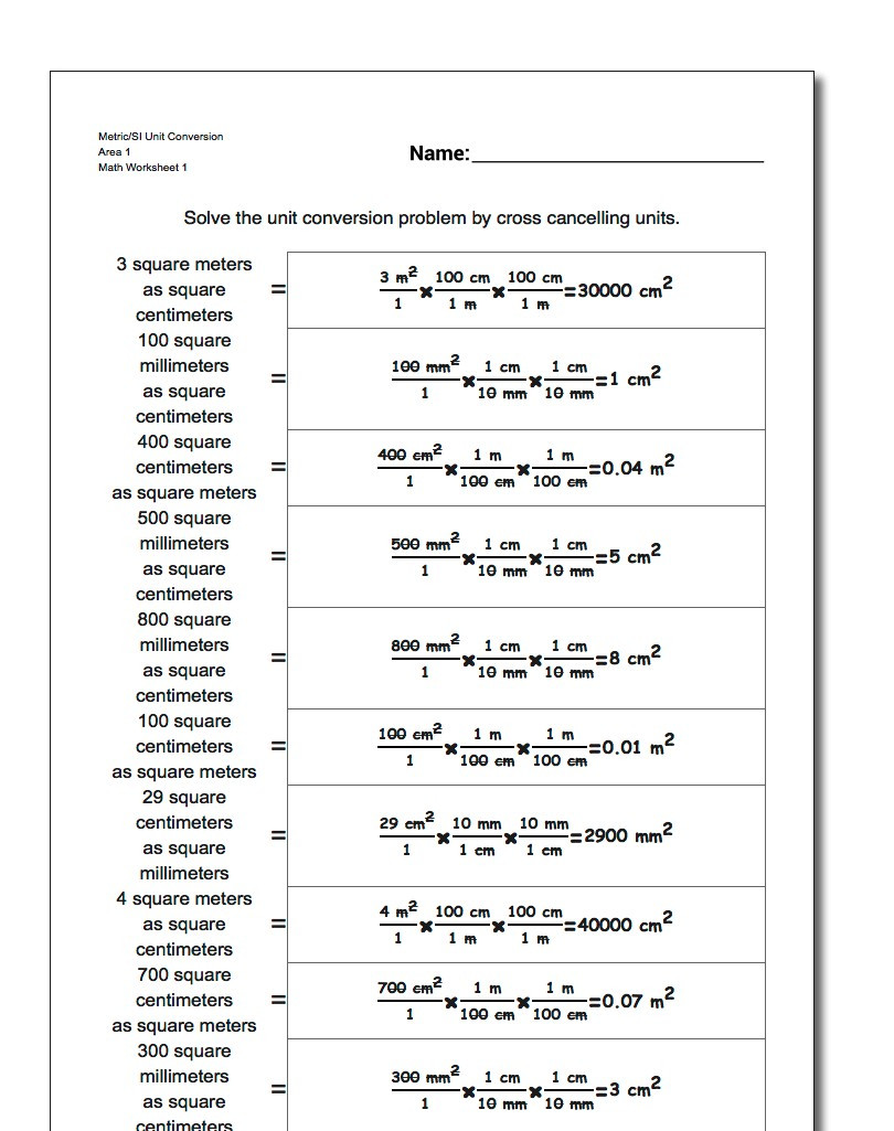 Metric Conversion Worksheet 1 Metric Si area