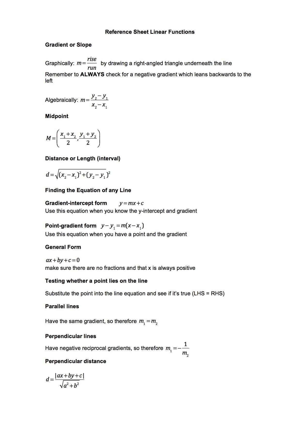 Midpoint and Distance Worksheet formula Sheet or Reference Sheet for Linear Functions or