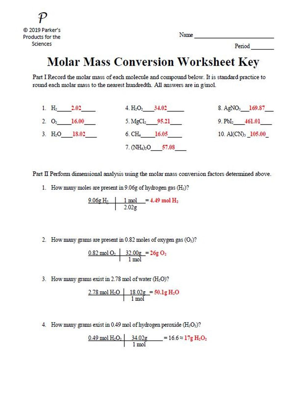Molar Mass Practice Worksheet Molar Mass Conversion Worksheet