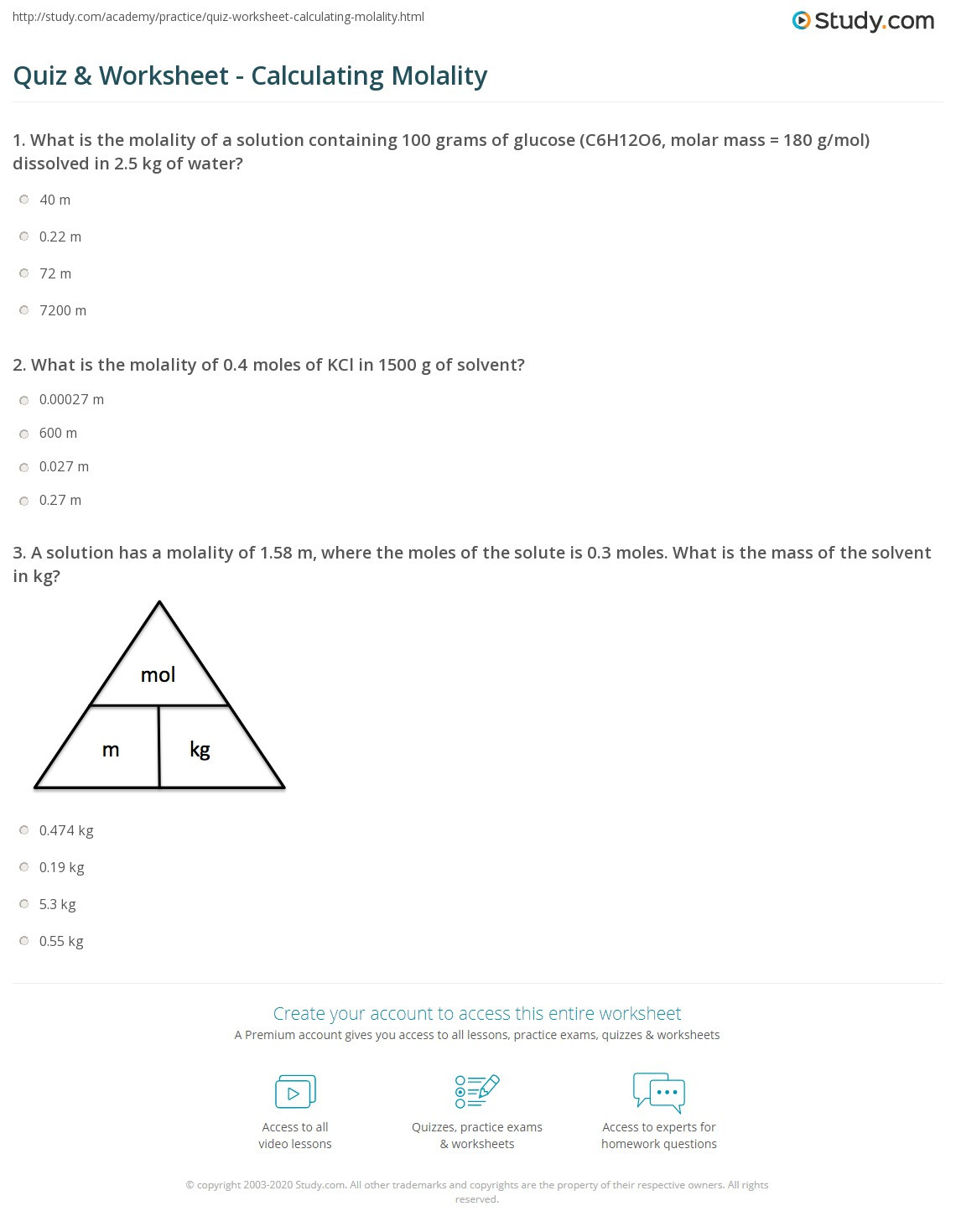 Molar Mass Practice Worksheet Quiz &amp; Worksheet Calculating Molality