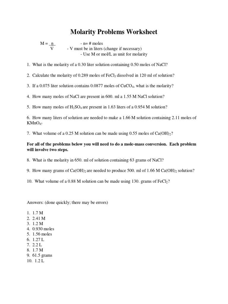 Molarity Practice Worksheet Answer Molarity and Dilution Worksheets
